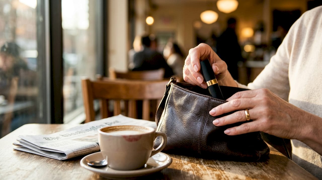 Mature hands retrieving lipstick from purse