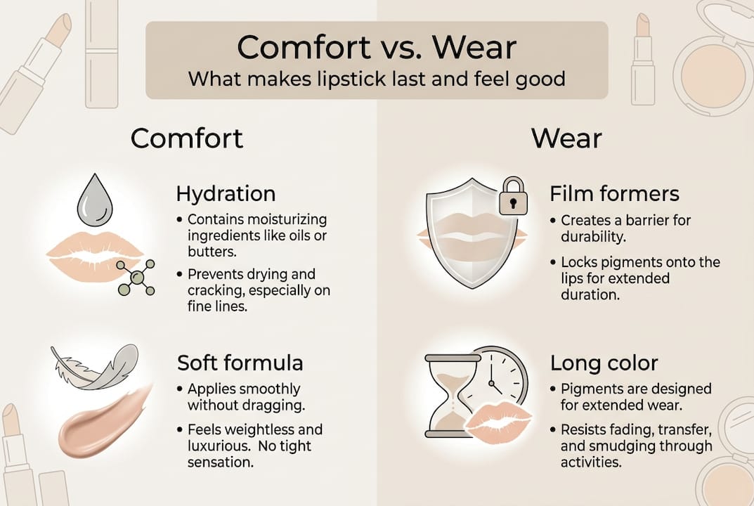 Infographic comparing comfort and wear in lipstick