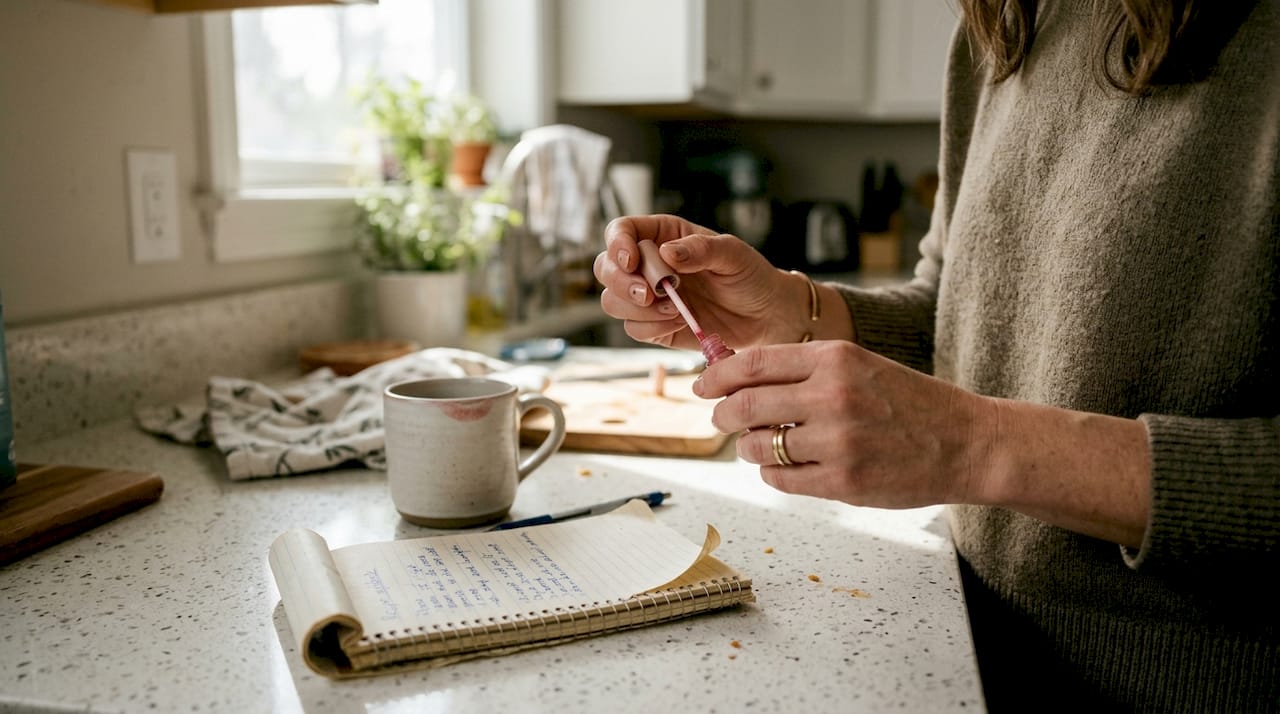 Hands applying lip stain in kitchen