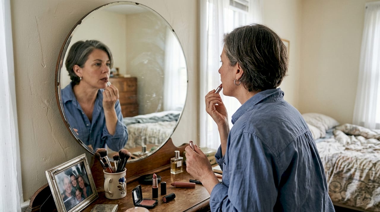 Mature woman using matte lipstick in bedroom
