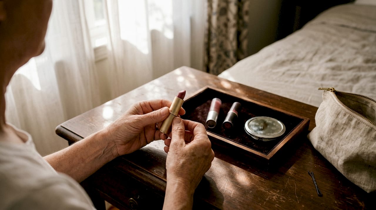 Hands opening sheer lipstick at vanity