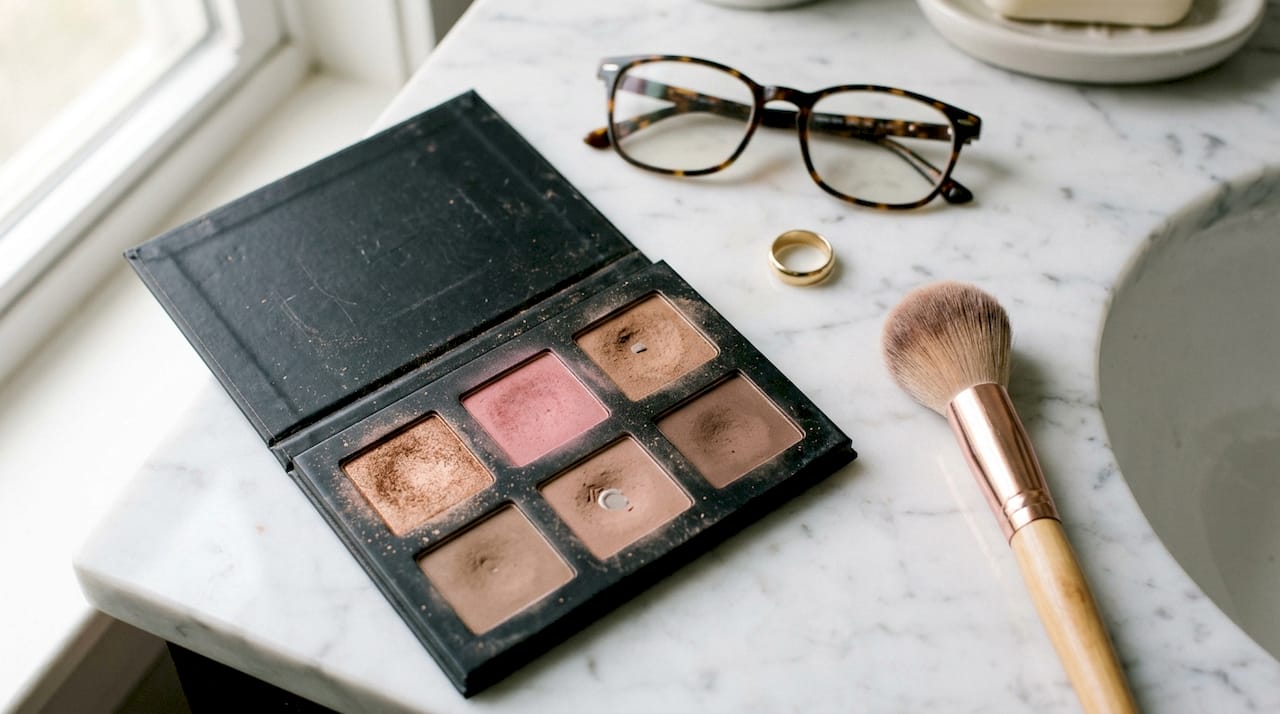 Open makeup palette on marble with brush marks
