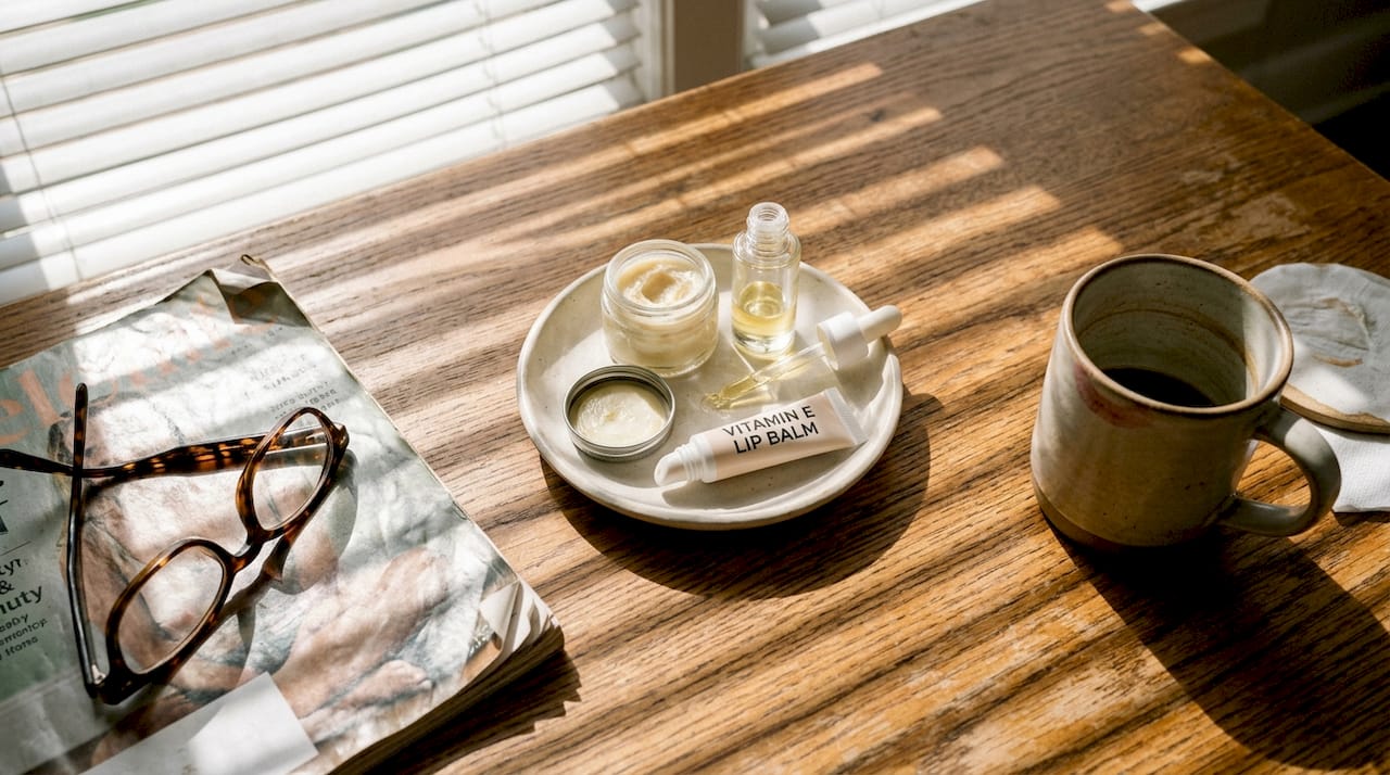 Lip balm, oil, and vitamin E on table