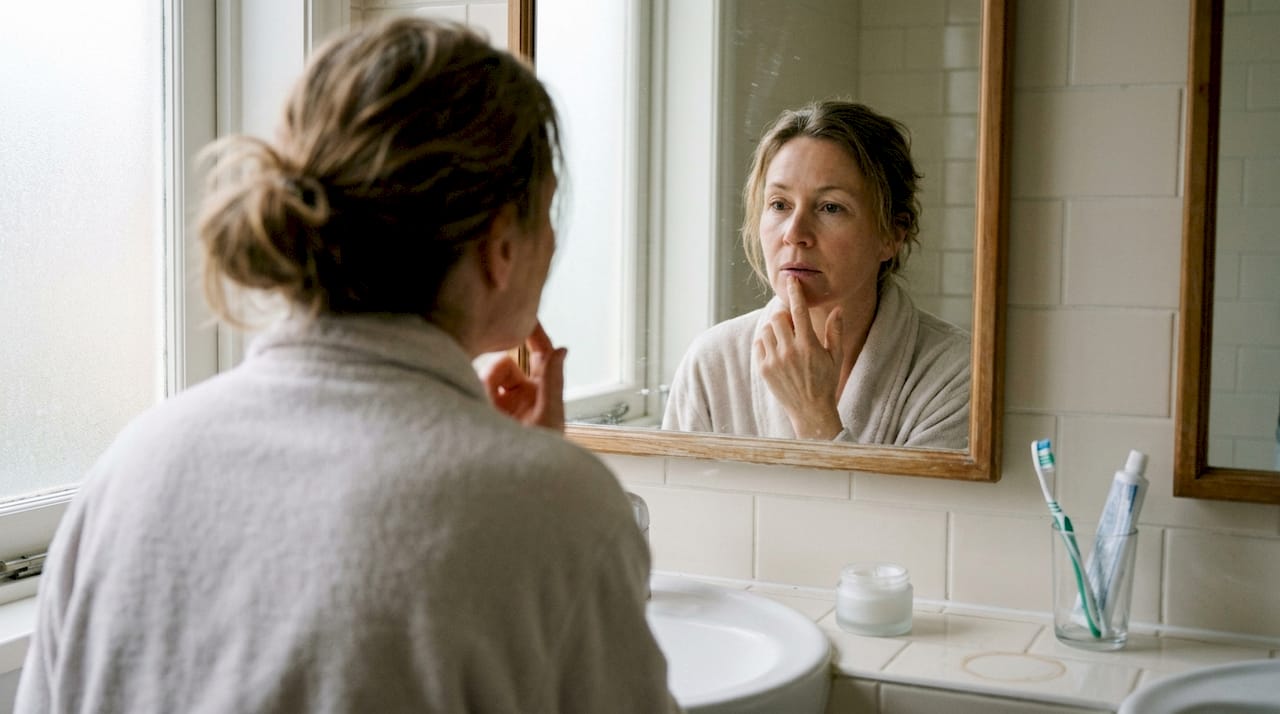 Woman examining lips in bathroom mirror