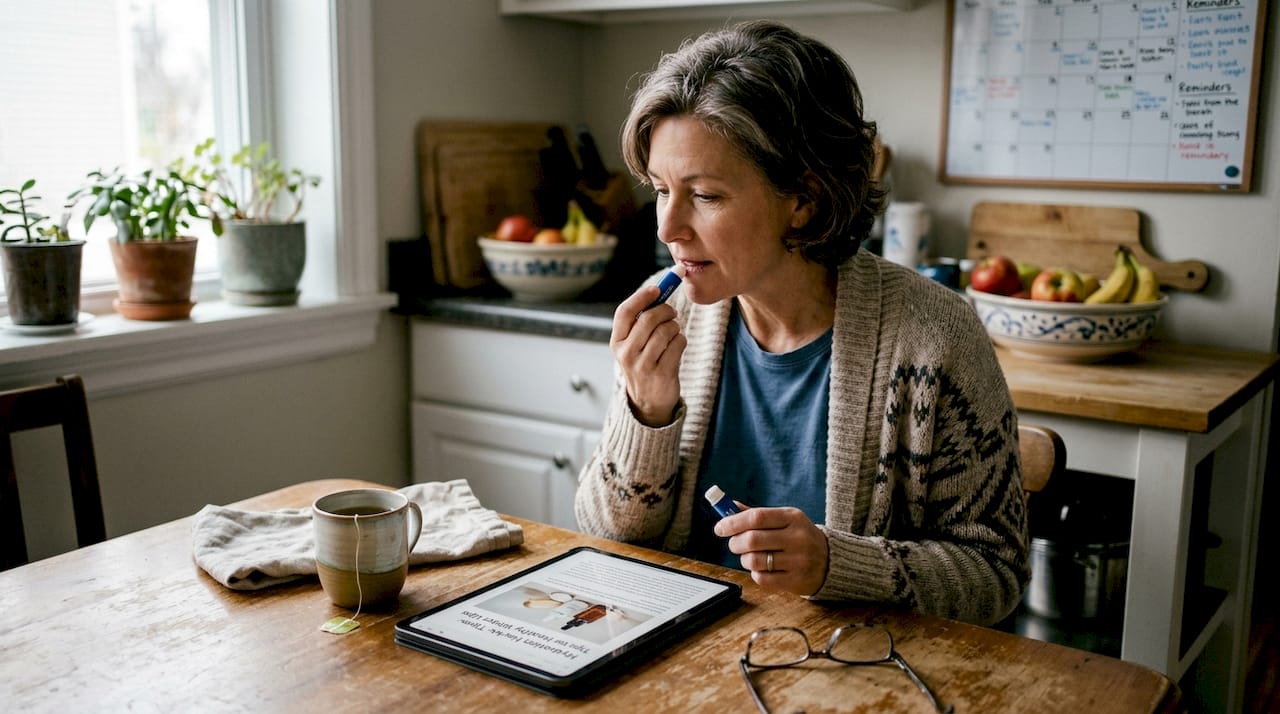 Woman prepping lips with balm at kitchen table