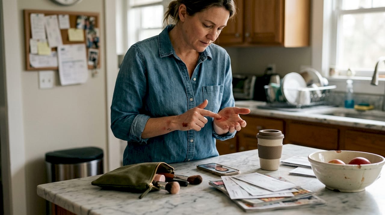 Woman preparing cream blush in kitchen