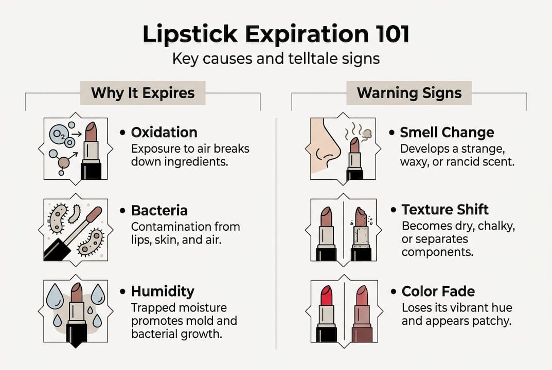 Infographic showing causes and signs of lipstick expiration