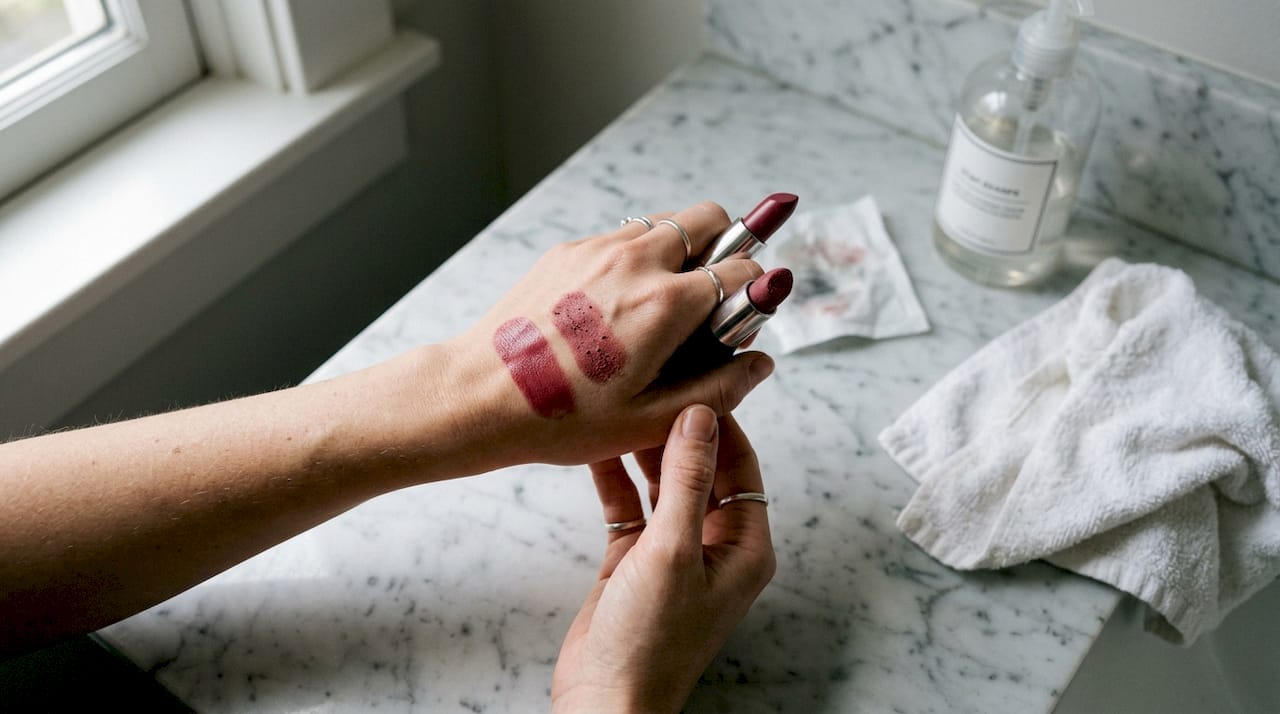 Hands showing fresh and expired lipstick textures