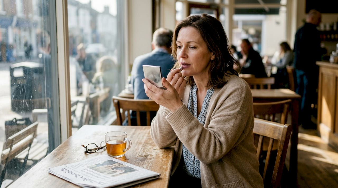 Woman touching up matte lips in café