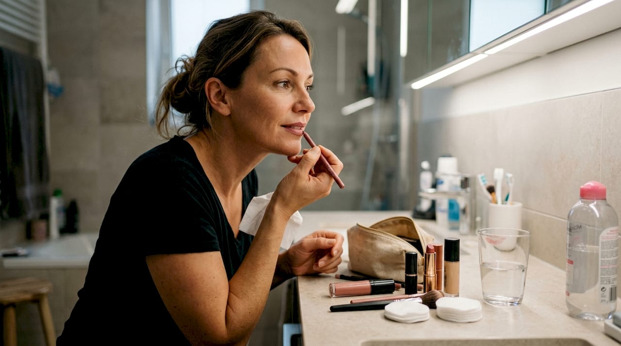 Woman applying lip liner at bathroom counter