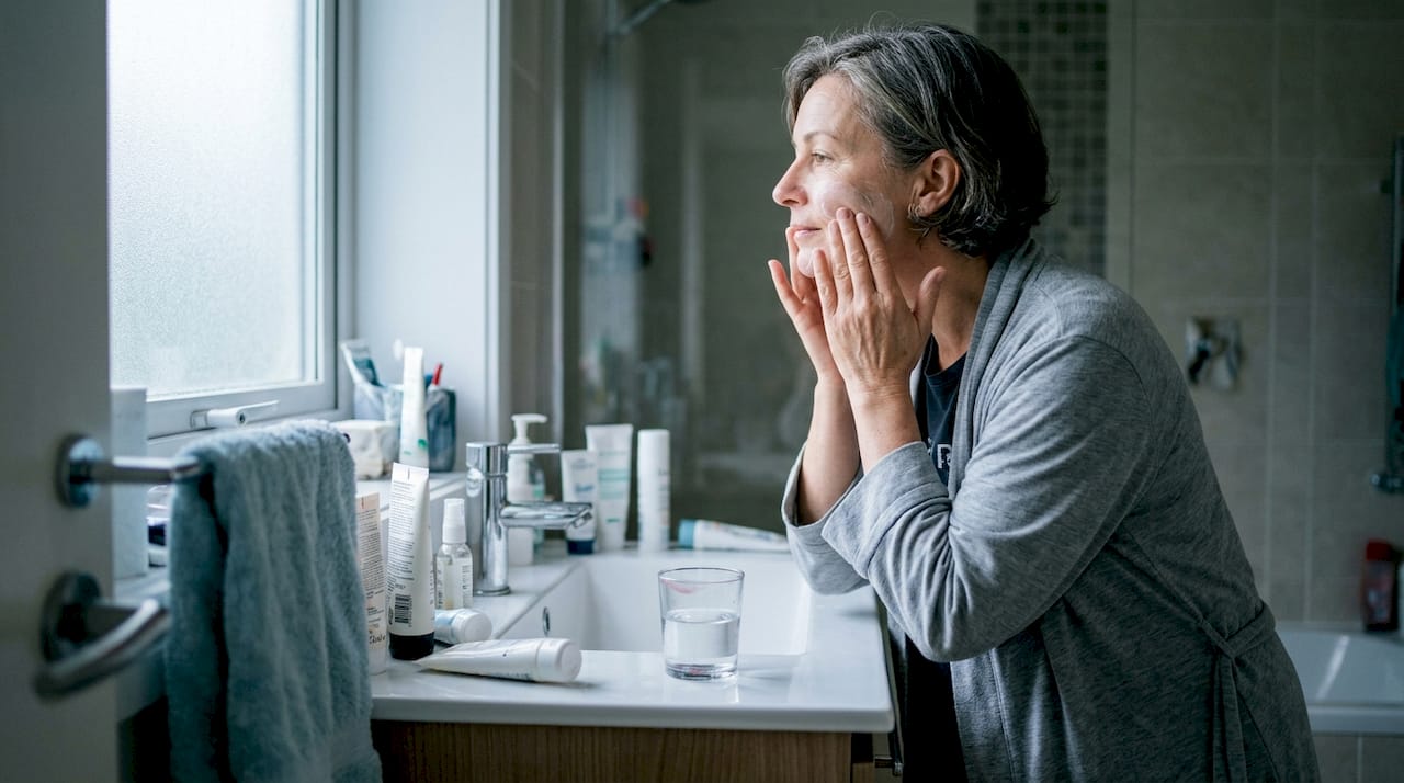 Woman prepping skin in everyday bathroom