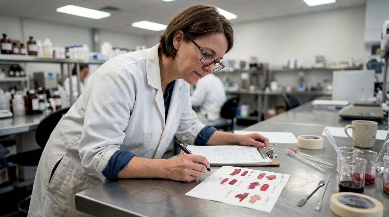 Lab technician reviewing lipstick reaction test