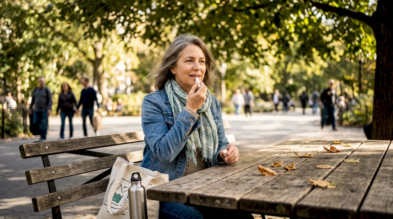 Woman in park reapplying lip balm after 40
