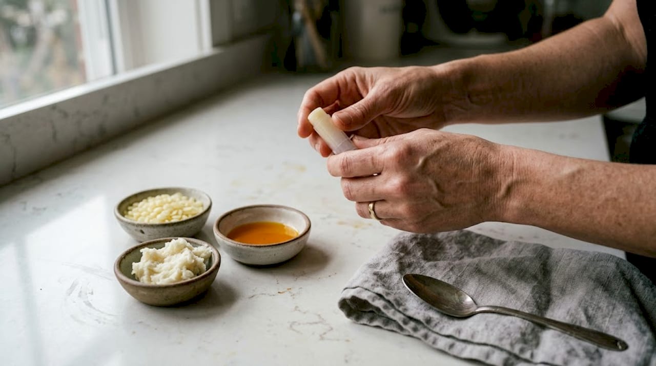 Hands showing lip balm and natural ingredient bowls