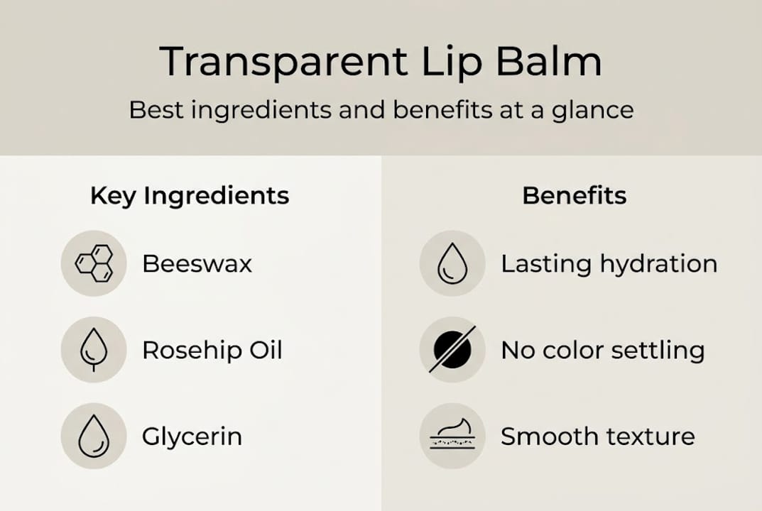 Infographic of transparent lip balm benefits and ingredients