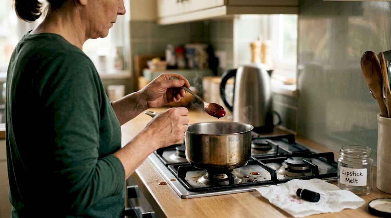 Hands melting lipstick on kitchen stove