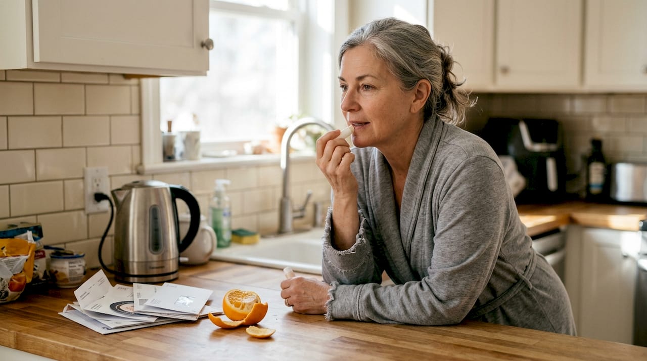 Older woman using lip balm in kitchen