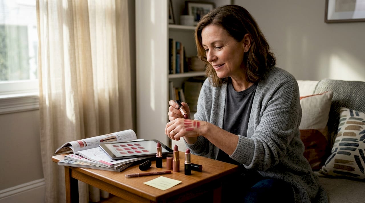 Woman swatching lipstick colors at home