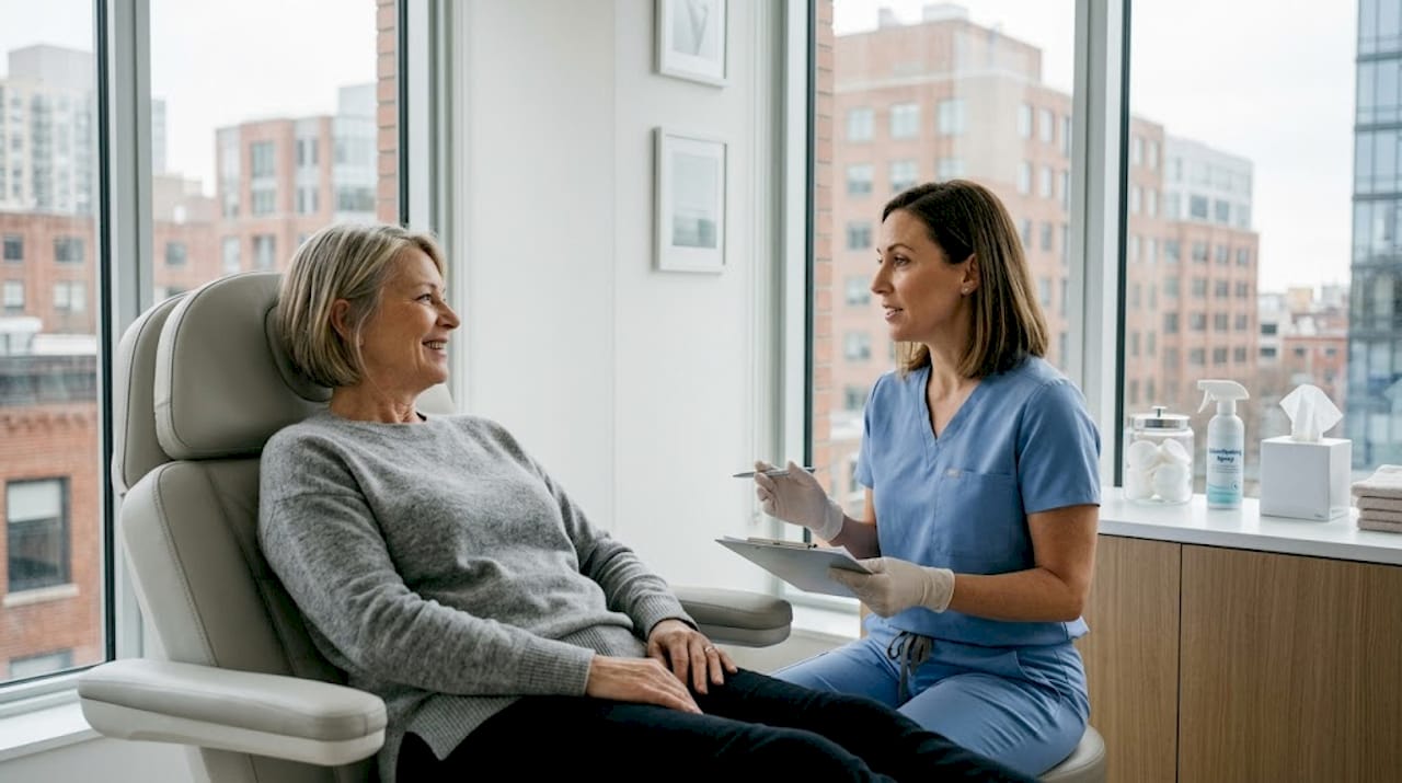 Client consulting practitioner in aesthetic clinic