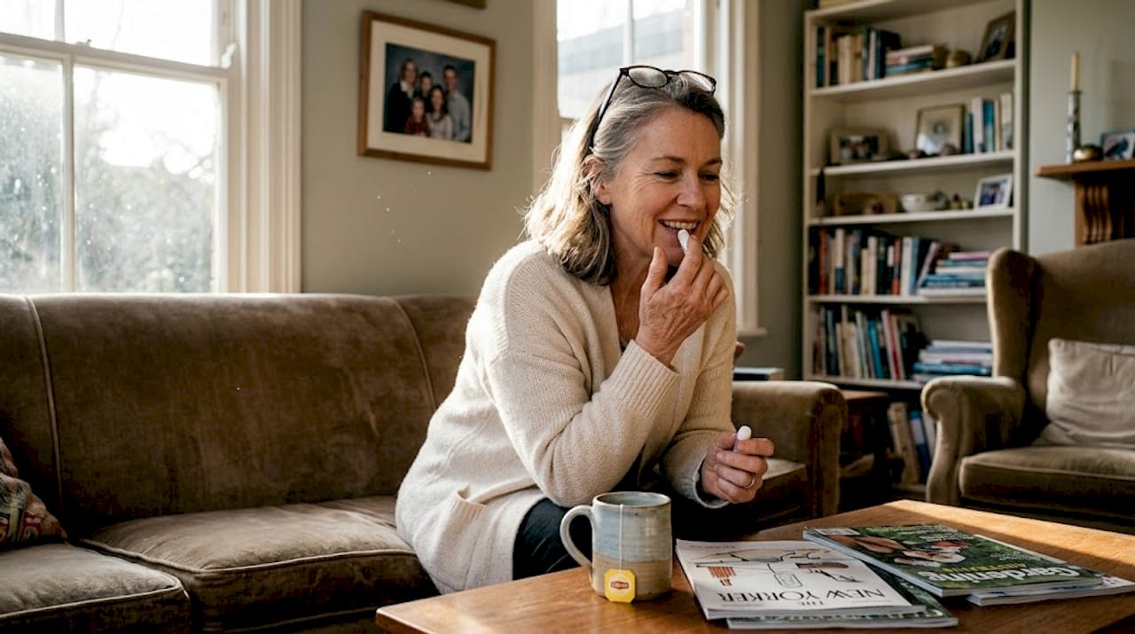 Older woman applying lip balm for care