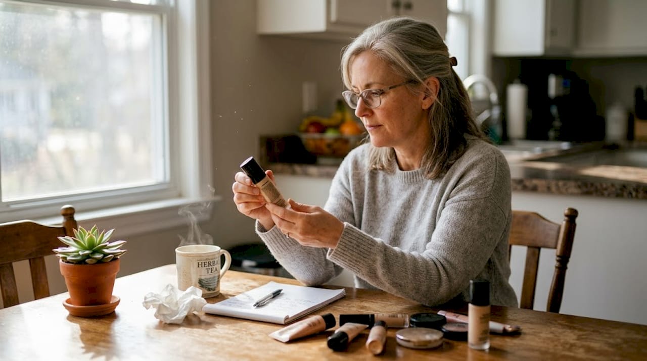 Reading makeup base label at kitchen table