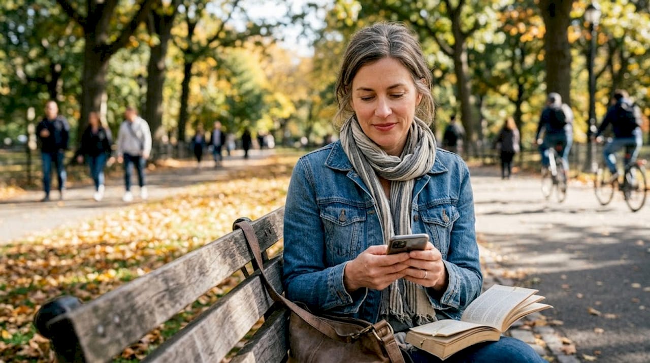 Woman with radiant lips sitting on park bench