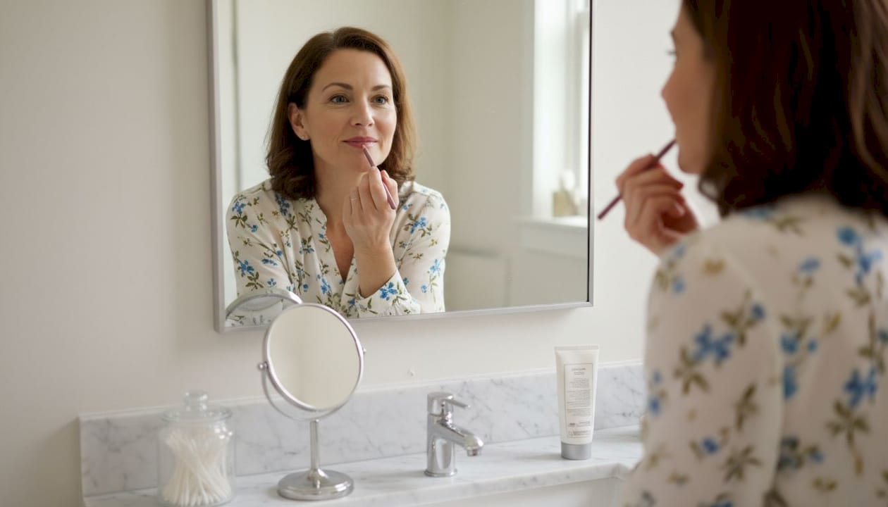 Mature woman outlining lips in bathroom mirror