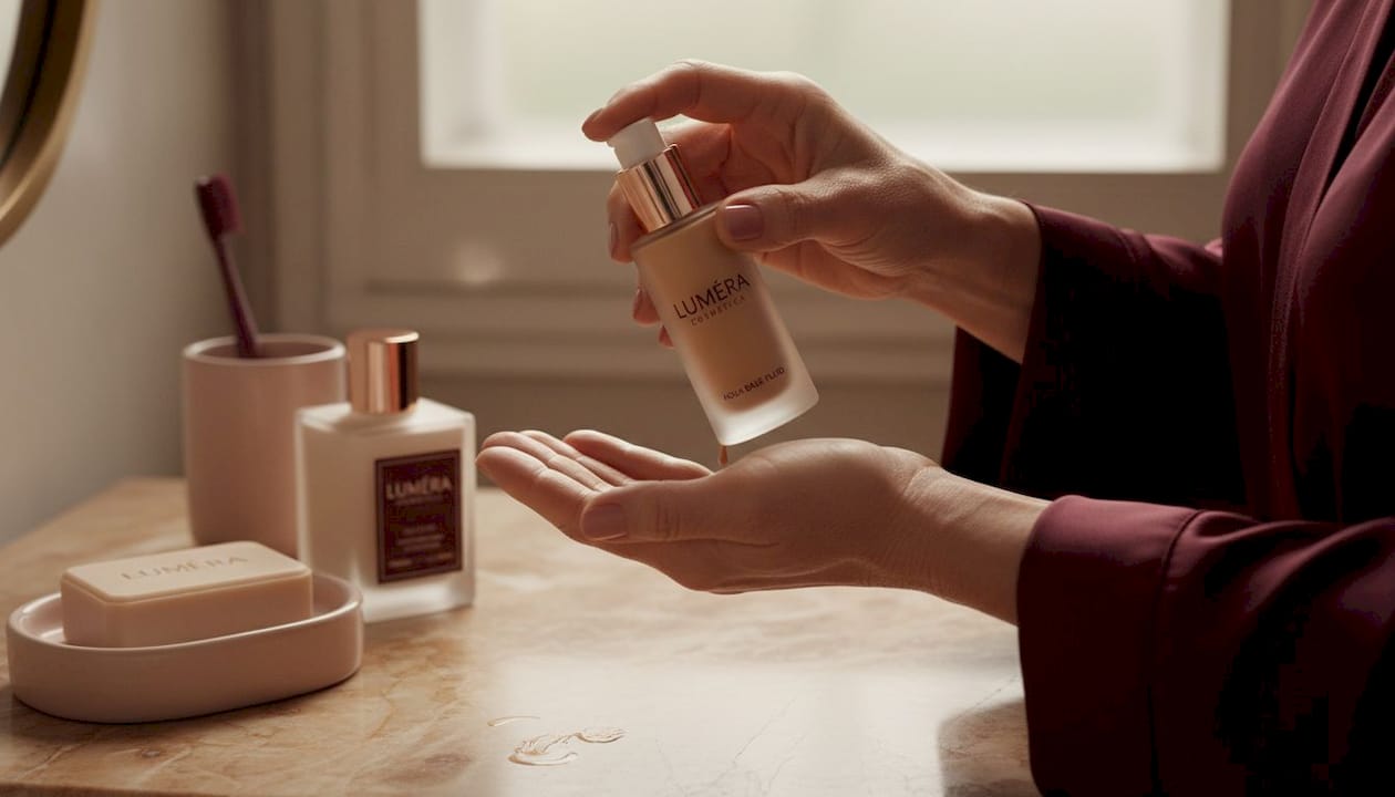 Mature hands applying hydrating foundation
