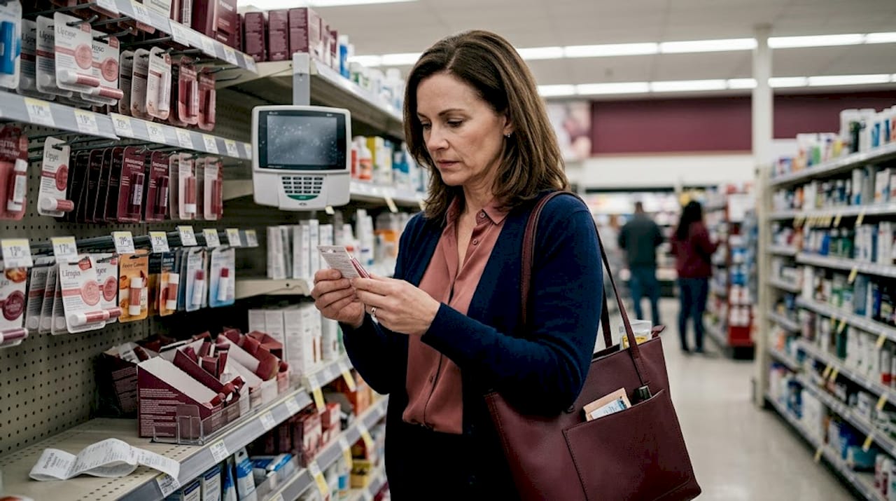 Mature woman reading lipstick ingredient label