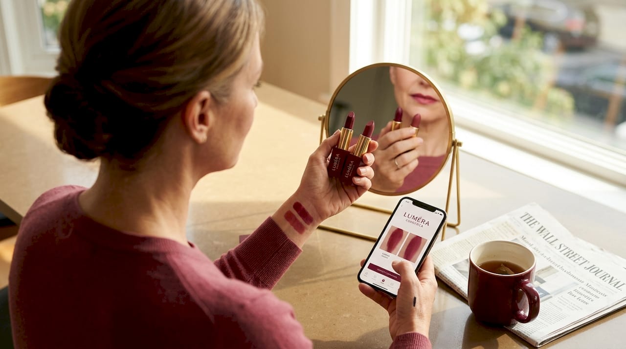 Woman testing and comparing lipstick shades at table