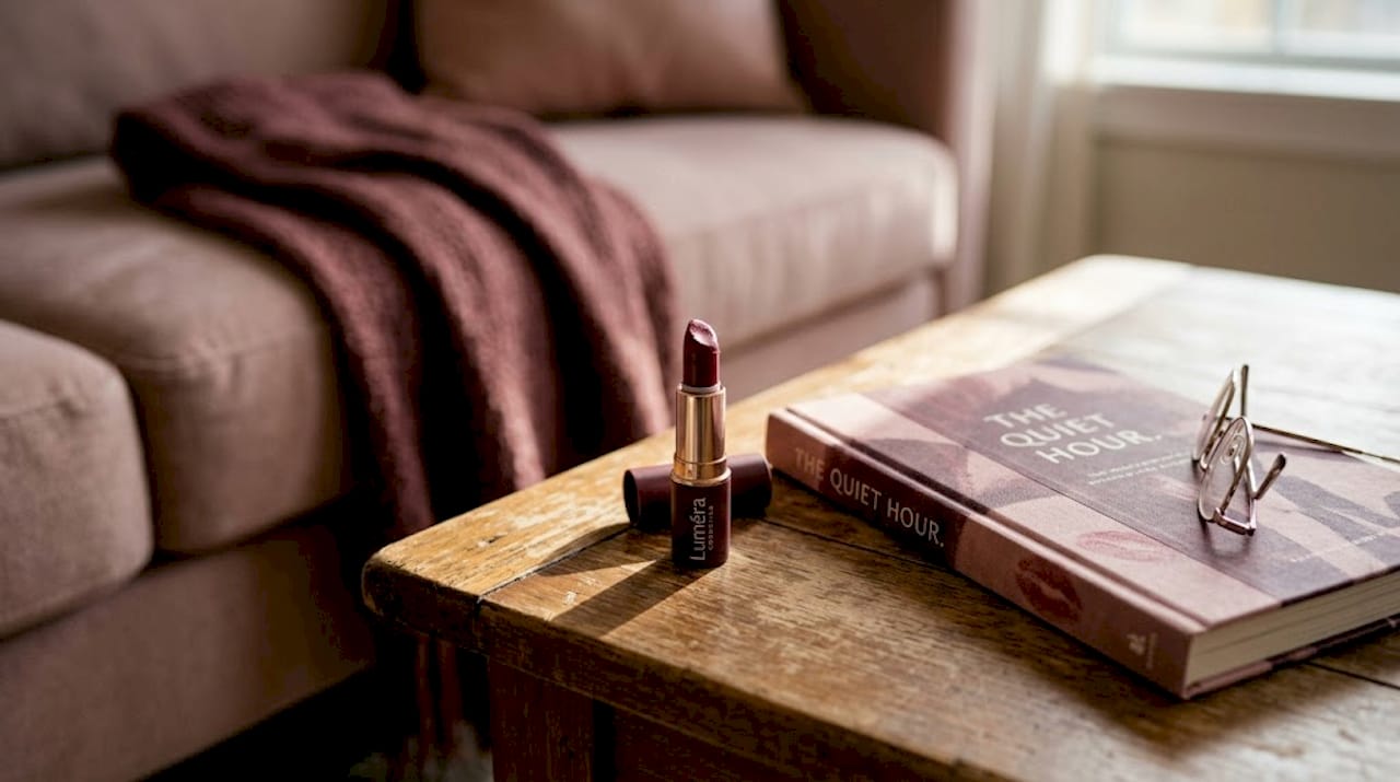 Open lipstick tube on living room coffee table