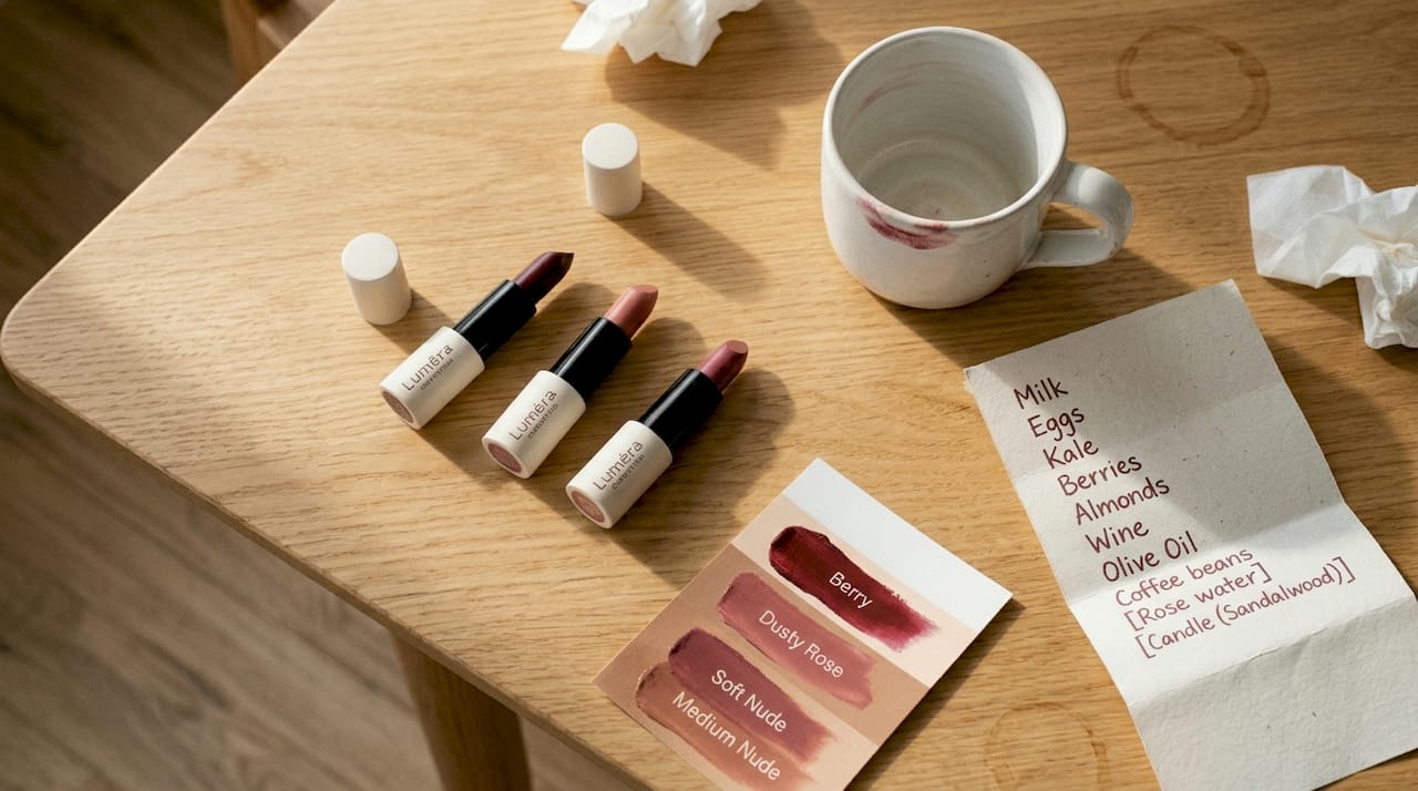 Lipsticks and swatch card on kitchen table