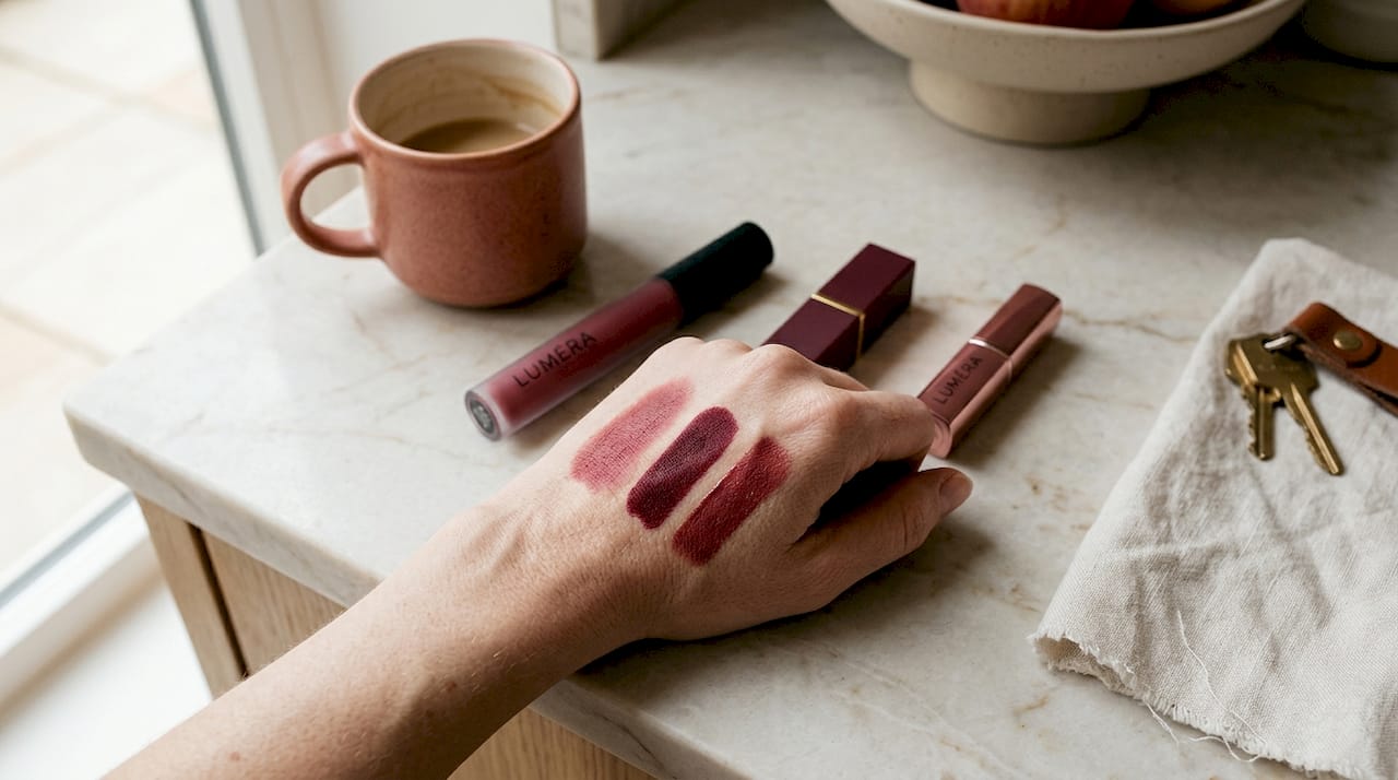 Hand with three types of lipstick swatches