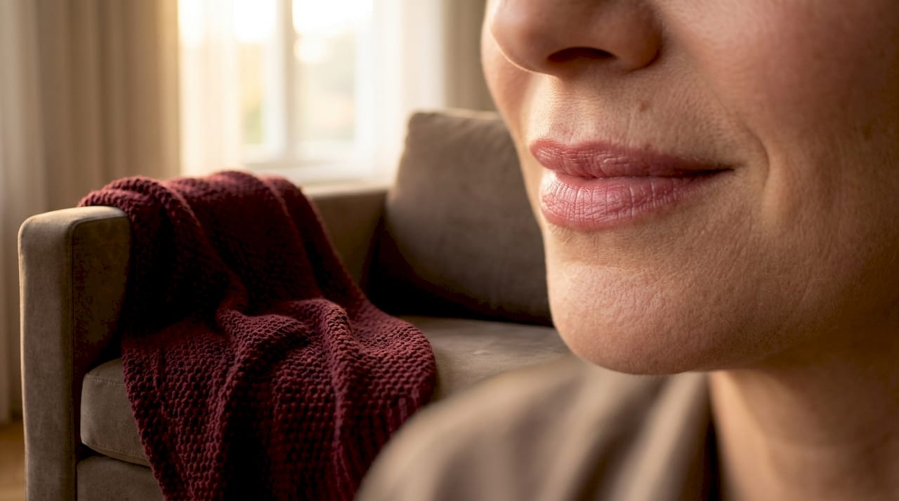 Close-up of hydrated mature lips with balm
