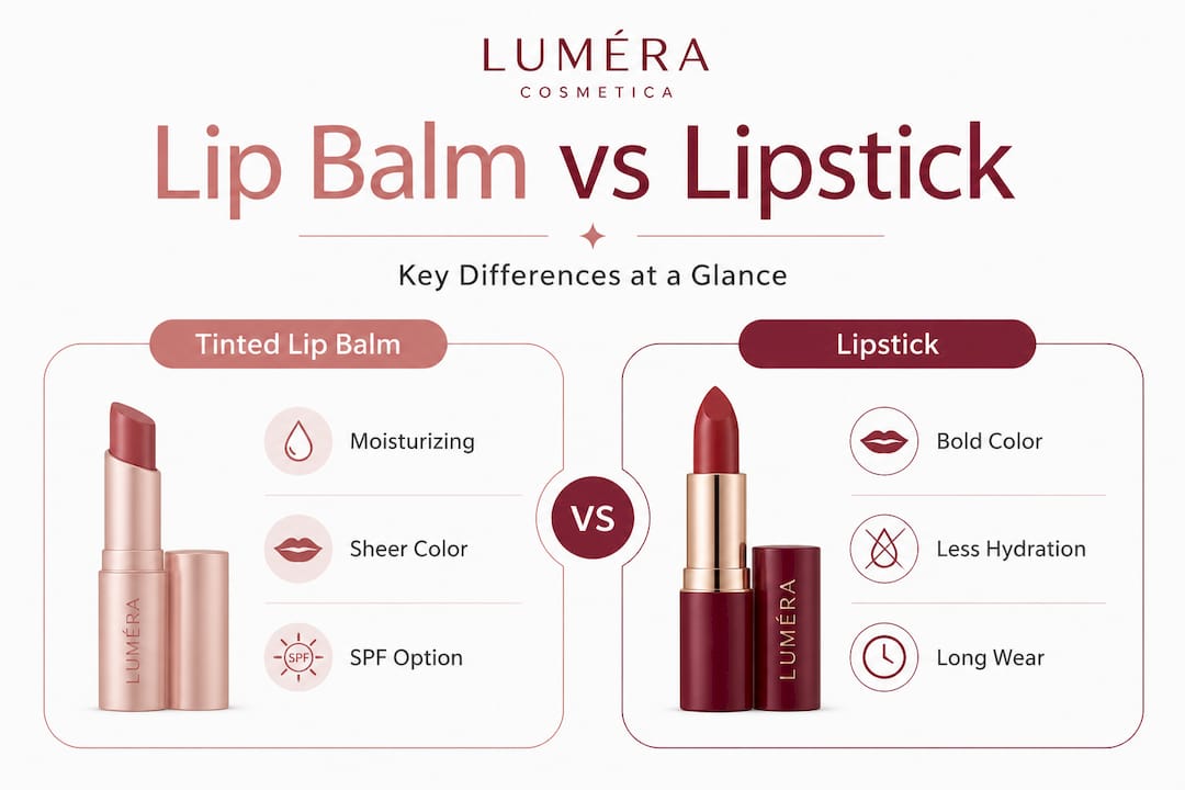Infographic comparing tinted lip balm and lipstick key features
