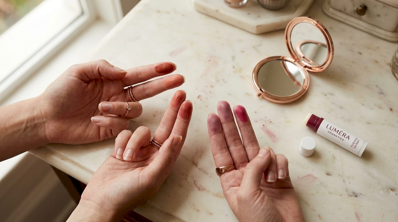 Hands comparing warm and cool lipstick swatches