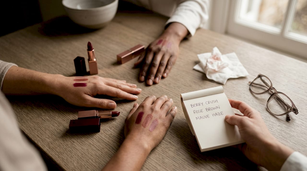 Lipstick swatches on three hands with tubes
