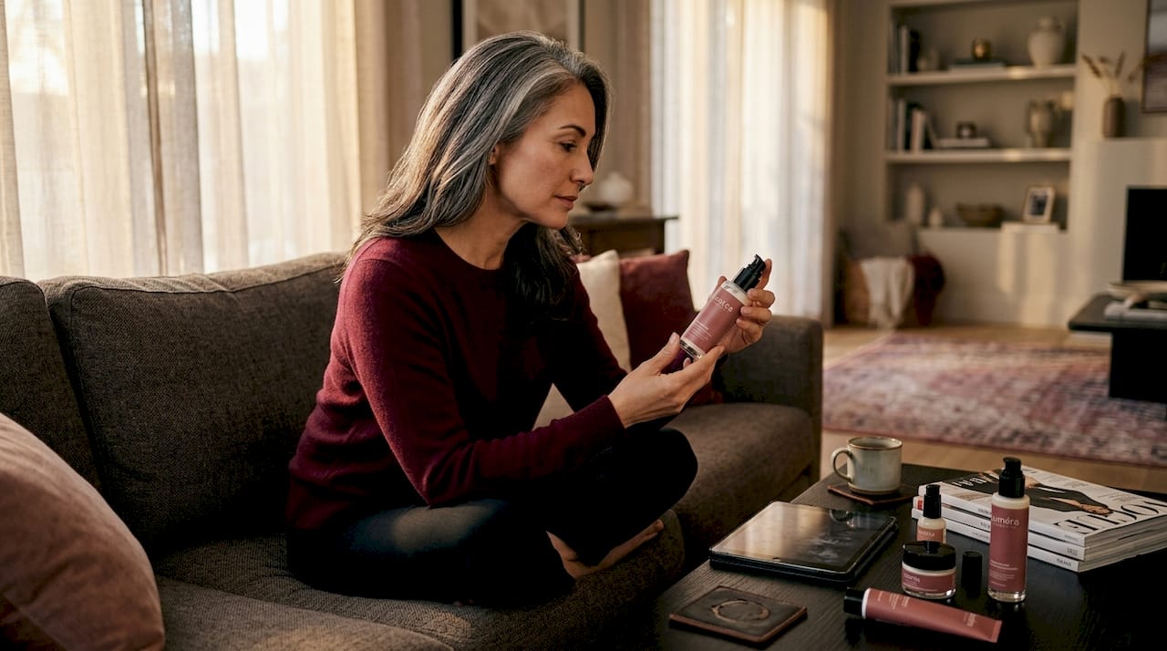 Woman examines skincare ingredient label closely