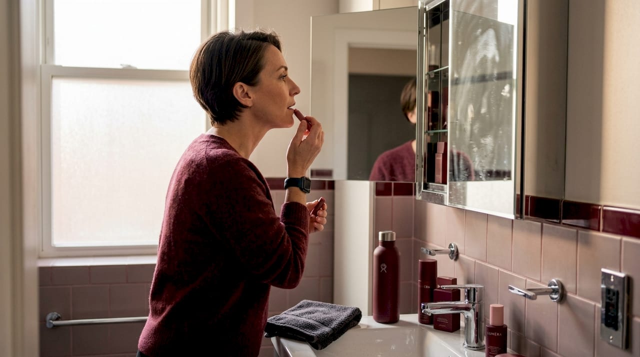 Woman applying tinted balm in bathroom mirror
