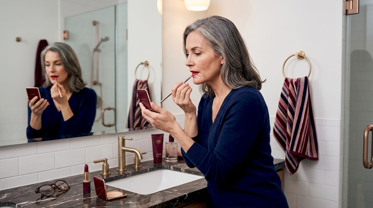 Woman correcting bold lipstick with brush