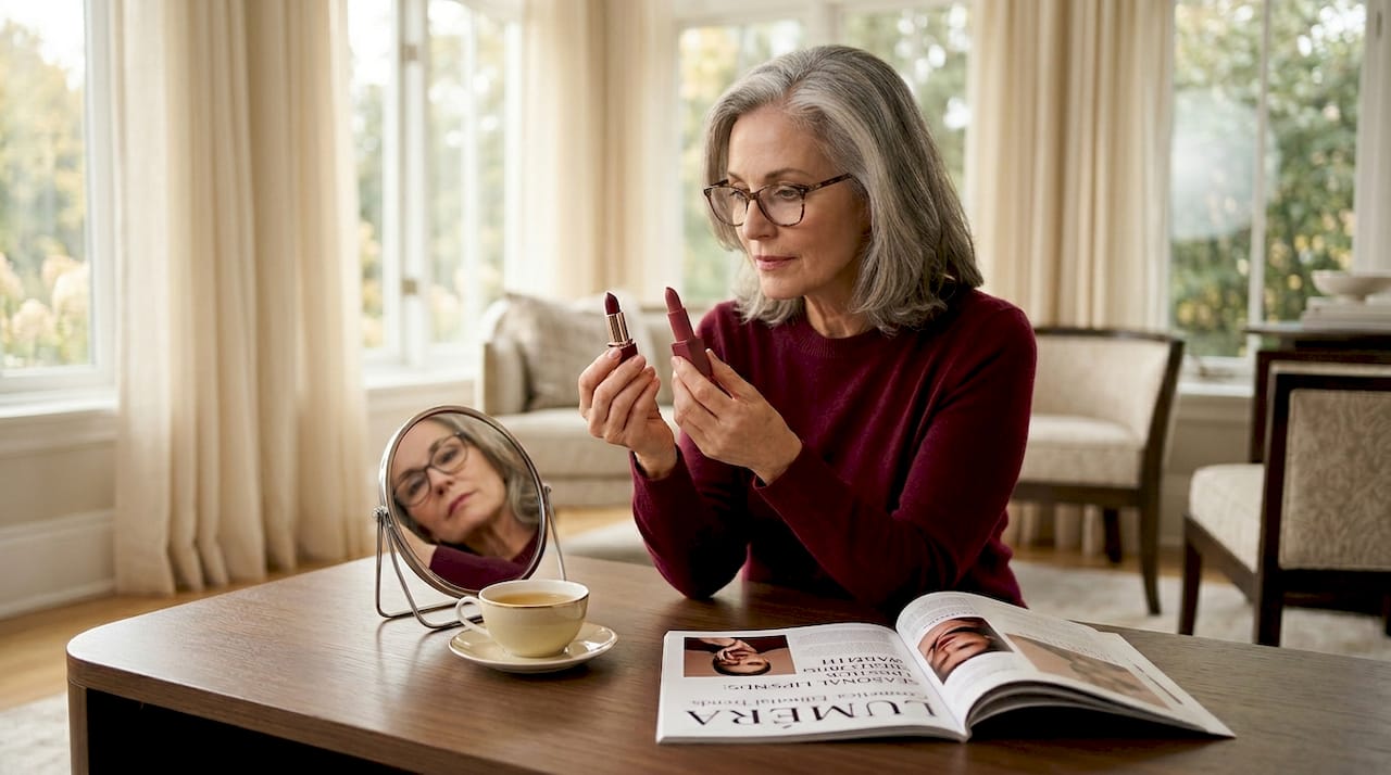 Mature woman comparing metallic and matte lipsticks