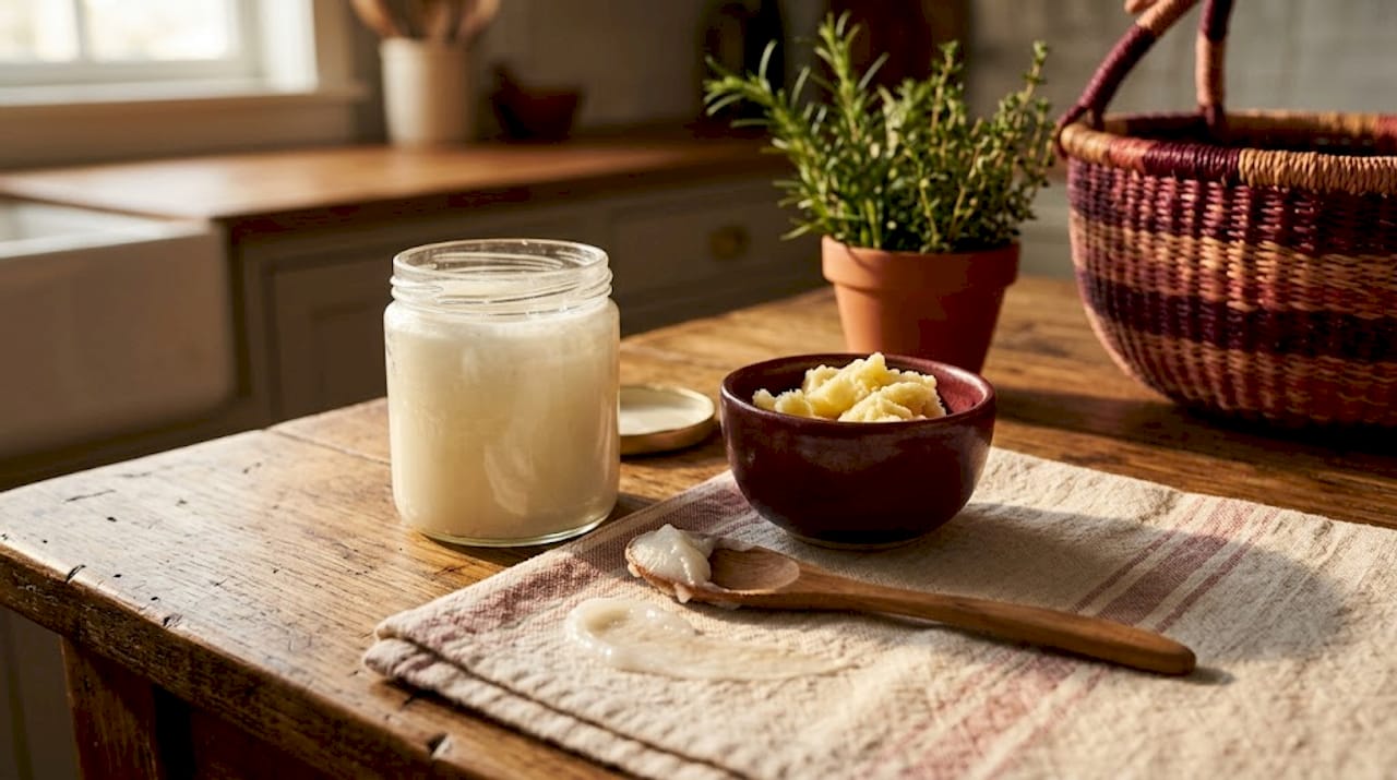Coconut oil and shea butter jars on counter