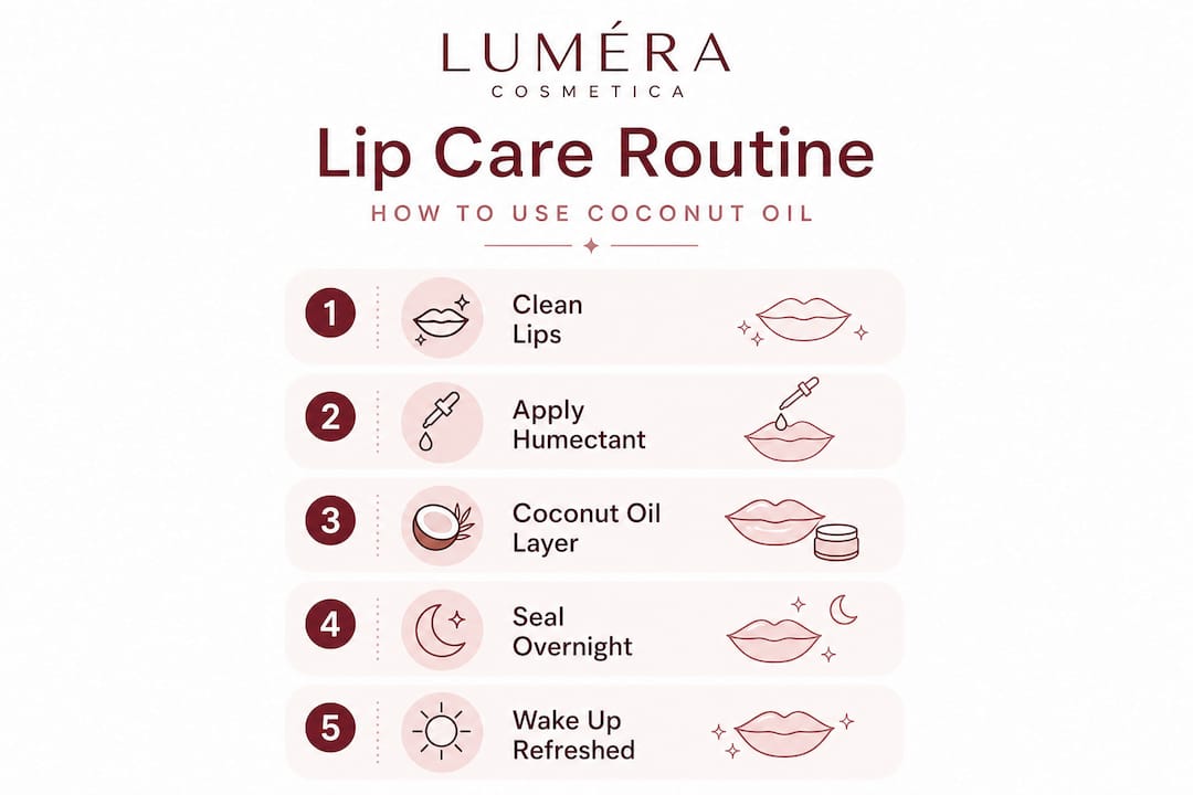 Infographic with coconut oil lip care routine steps
