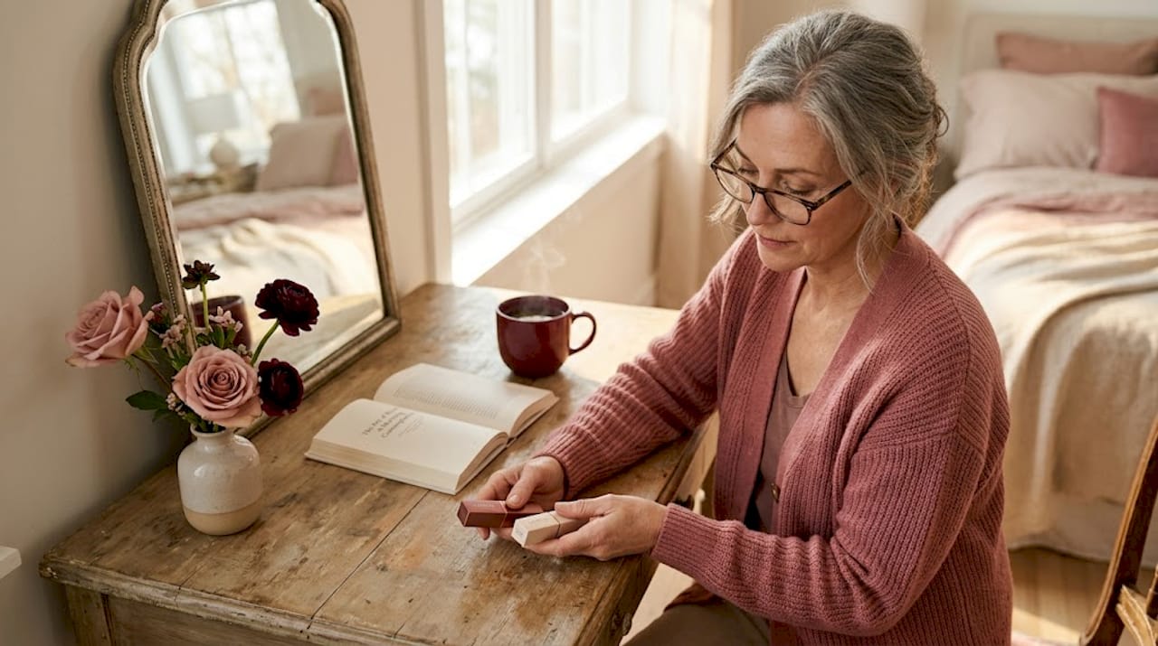 Woman selects lipstick at home vanity