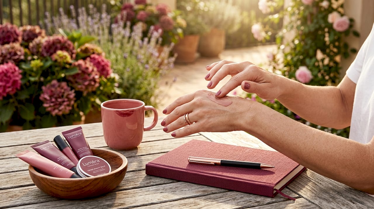 Hands blending beauty balm on kitchen table