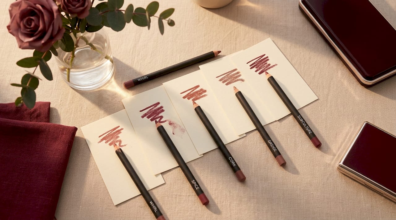 Flat lay of MAC nude lip liner pencils with swatches
