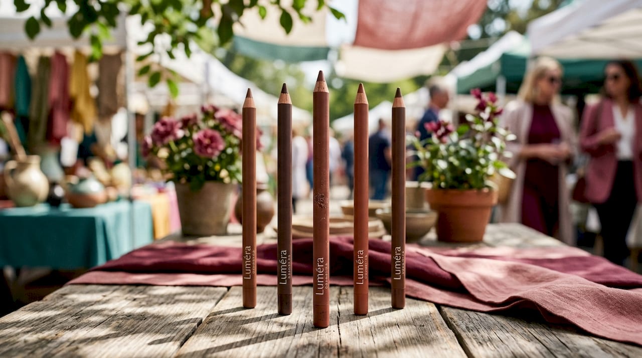 Lip liner pencils in brown shades on white surface