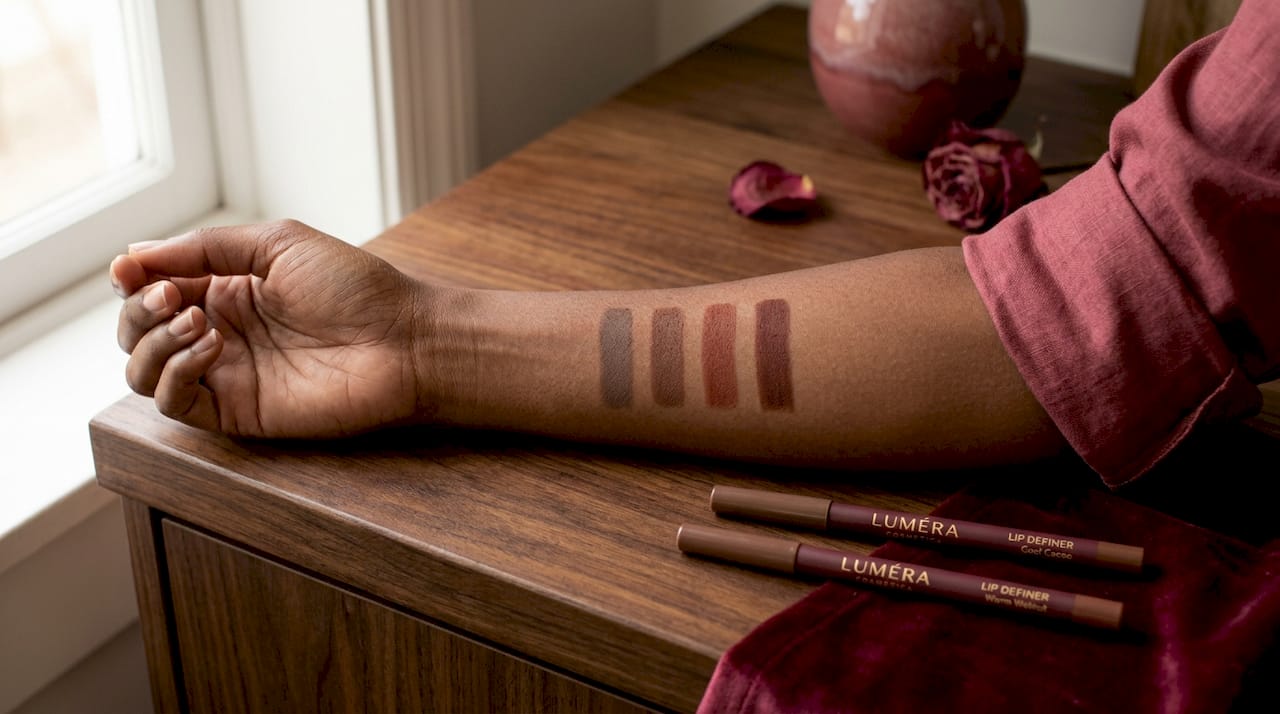 Brown lip liner swatches on dark skin forearm