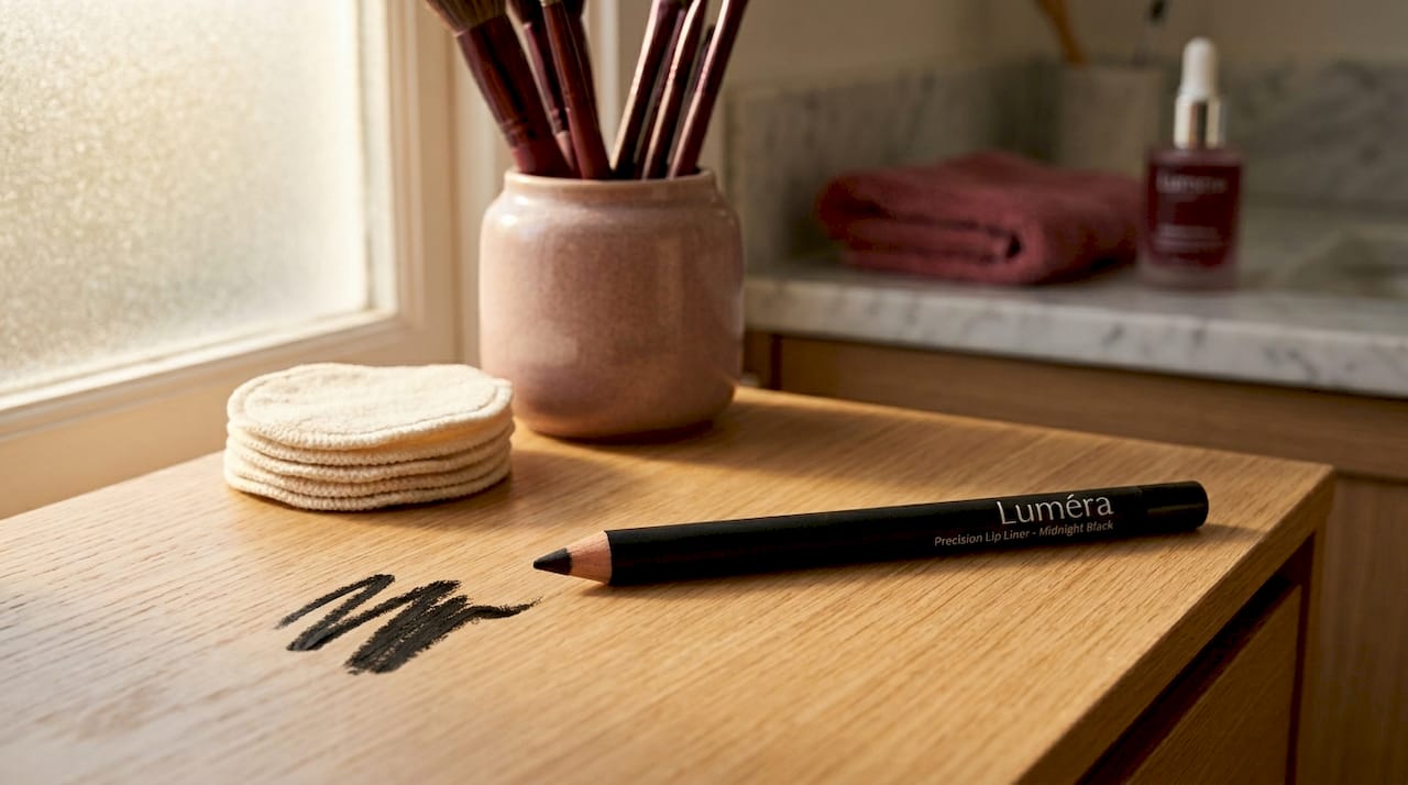 Close-up of black lip liner pencil with swatch