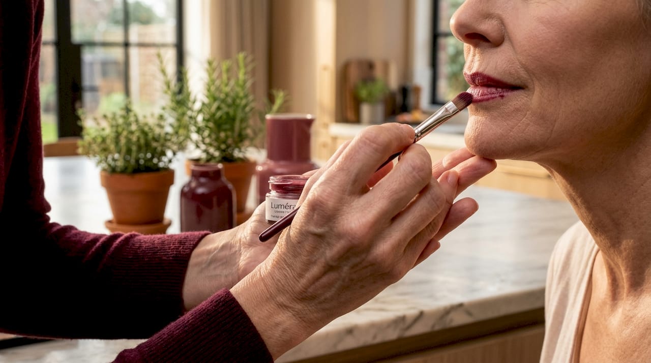 Applying tinted lip balm with angled brush on lips